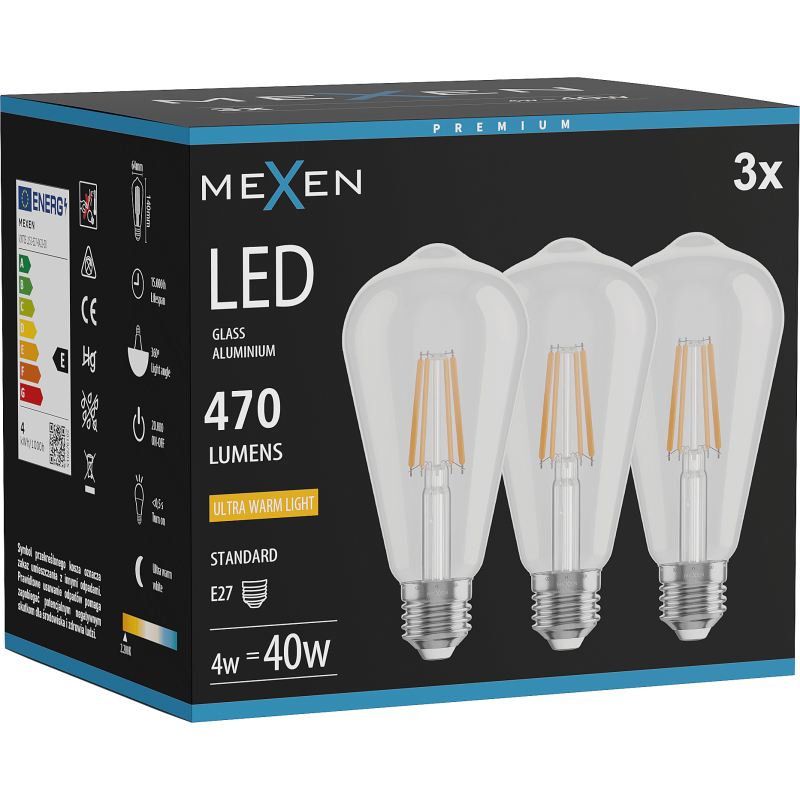 Mexen Vintis 3x Λαμπτήρας filament LED E27, ST64, 4W, Ζεστό - 2200K, 470 lm, διάφανο - L152-E27-0422-00x03