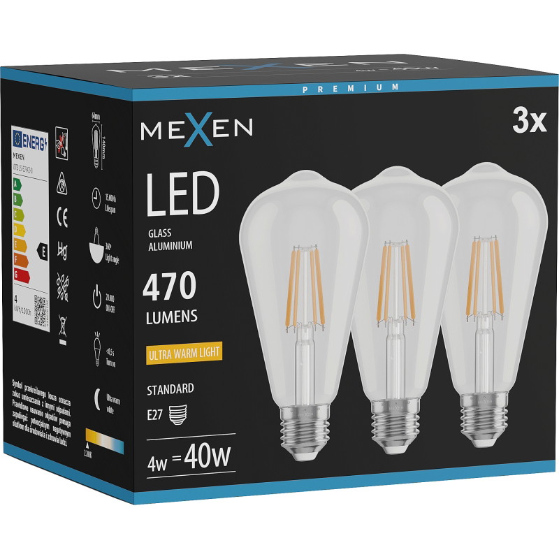 Mexen Vintis 3x żarówka filament LED E27, ST64, 4W, Ciepła - 2200K, 470 lm, clear - L152-E27-0422-00x03