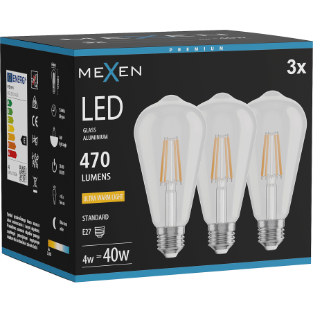 Mexen Vintis 3x LED filamentlampa E27, ST64, 4W, Varm - 2200K, 470 lm, klar - L152-E27-0422-00x03