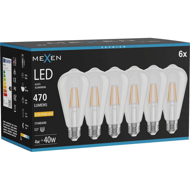 Mexen Vintis 6x Hehkulanka filament LED E27, ST64, 4W, Lämmin - 2200K, 470 lm, kirkas - L152-E27-0422-00x06