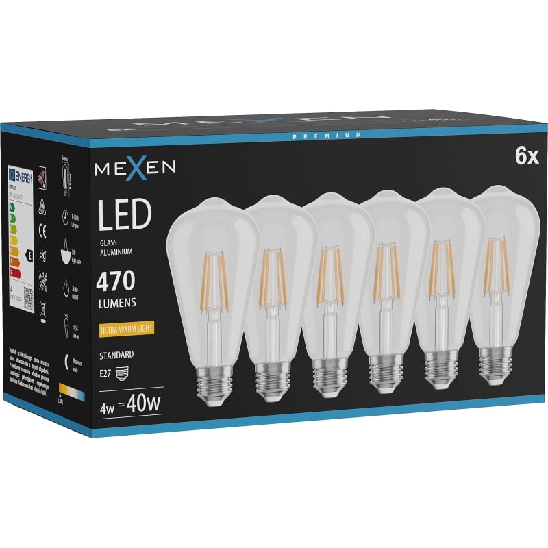 Mexen Vintis 6x Lampadina a filamento LED E27, ST64, 4W, Calda - 2200K, 470 lm, trasparente - L152-E27-0422-00x06