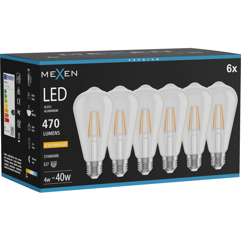 Mexen Vintis 6x LED filament žarnica E27, ST64, 4W, Topla - 2200K, 470 lm, prozorna - L152-E27-0422-00x06