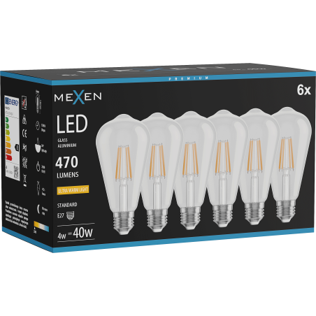 Mexen Vintis 6x Ampoule à filament LED E27, ST64, 4W, Chaude - 2200K, 470 lm, claire - L152-E27-0422-00x06