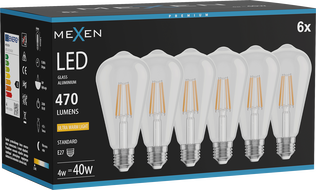 Mexen Vintis 6x LED hõõgniidiga lamp E27, ST64, 4W, Soe - 2200K, 470 lm, läbipaistev - L152-E27-0422-00x06