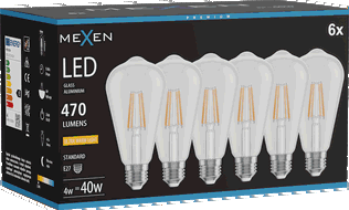 Mexen Vintis 6x żarówka filament LED E27, ST64, 4W, Ciepła - 2200K, 470 lm, clear - L152-E27-0422-00x06