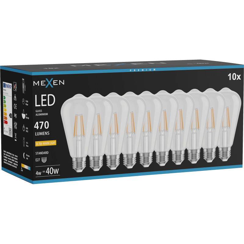 Mexen Vintis 10x Filamentti LED-lamppu E27, ST64, 4W, Lämmin - 2200K, 470 lm, kirkas - L152-E27-0422-00x10