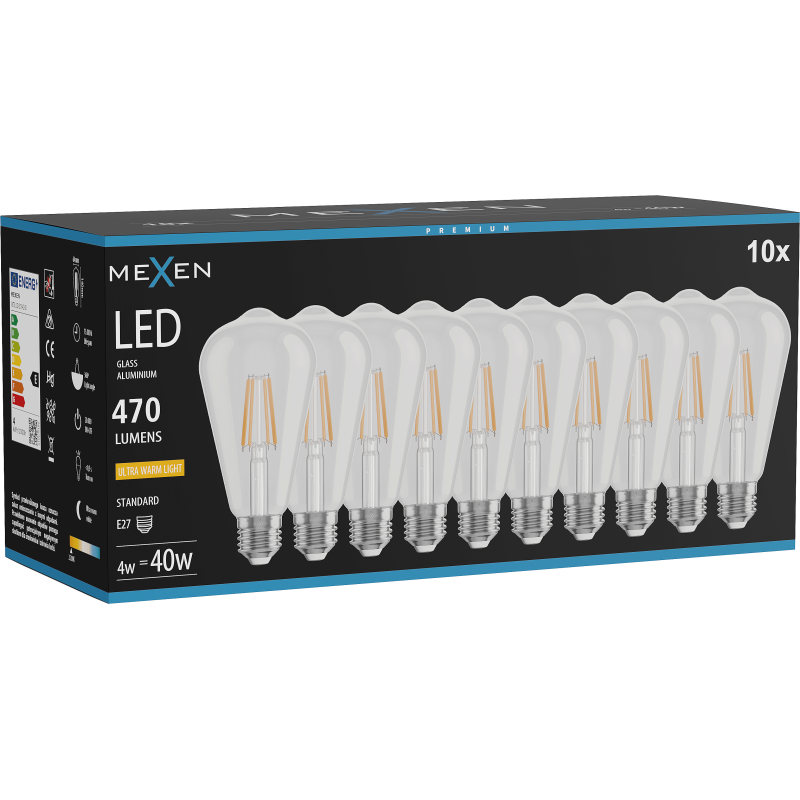 Mexen Vintis 10x Λάμπα filament LED E27, ST64, 4W, Θερμό - 2200K, 470 lm, διάφανη - L152-E27-0422-00x10