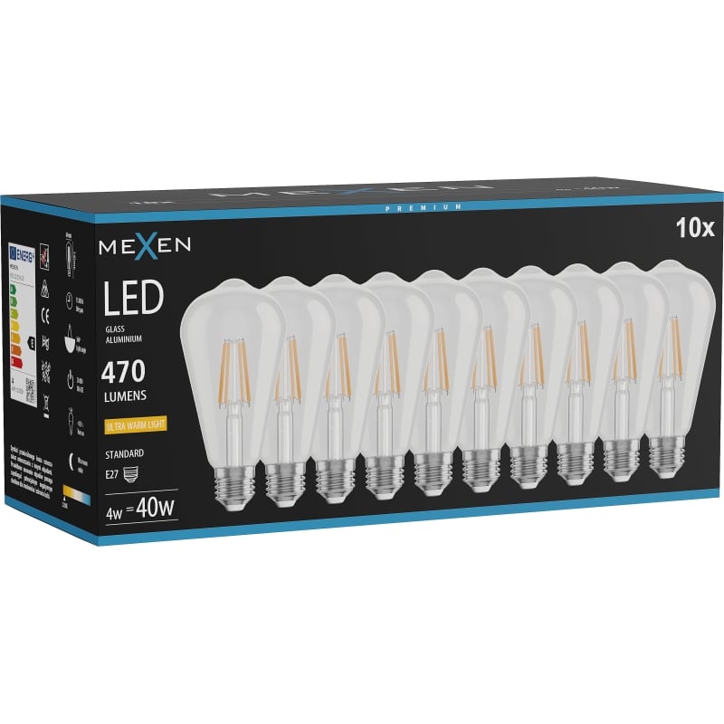 Mexen Vintis 10x LED filamentlamp E27, ST64, 4W, Warm - 2200K, 470 lm, helder - L152-E27-0422-00x10