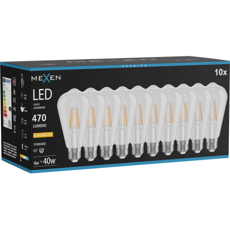Mexen Vintis 10x Bombilla LED de filamento E27, ST64, 4W, Cálida - 2200K, 470 lm, transparente - L152-E27-0422-00x10