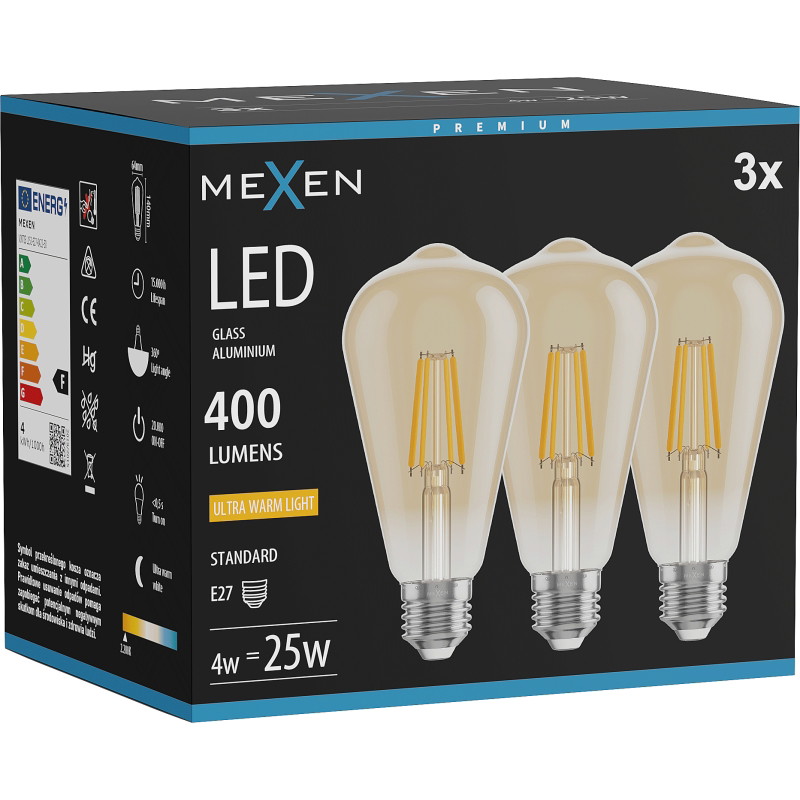 Mexen Vintis 3x Lampadina a filamento LED E27, ST64, 4W, Calda - 2200K, 400 lm, ambra - L152-E27-0422-50x03