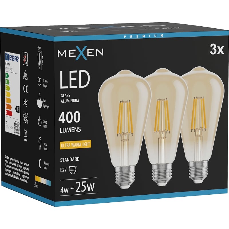 Mexen Vintis 3x żarówka filament LED E27, ST64, 4W, Ciepła - 2200K, 400 lm, amber - L152-E27-0422-50x03