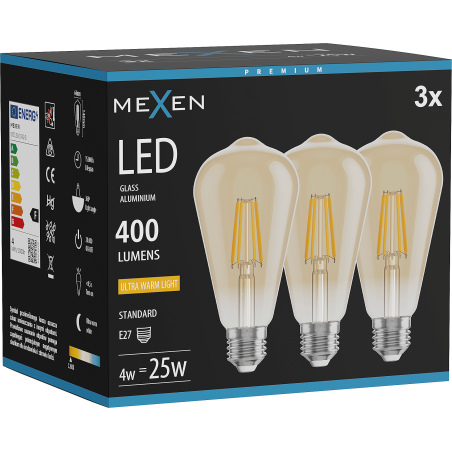 Mexen Vintis 3x Ampoule à filament LED E27, ST64, 4W, Chaude - 2200K, 400 lm, ambre - L152-E27-0422-50x03