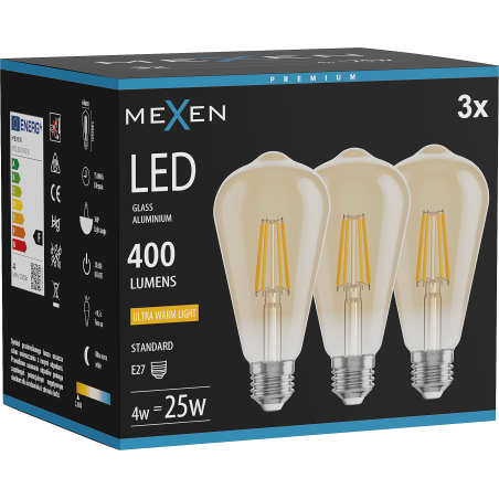 Mexen Vintis 3x żarówka filament LED E27, ST64, 4W, Ciepła - 2200K, 400 lm, amber - L152-E27-0422-50x03