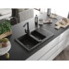Mexen Gaspar 1.5-bowl granite sink with drainer and kitchen faucet Rita, black/gold - 6507-75-670300-70-B