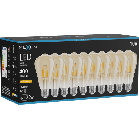 Mexen Vintis 10x lampadina LED a filamento E27, ST64, 4W, Calda - 2200K, 400 lm, ambra - L152-E27-0422-50x10