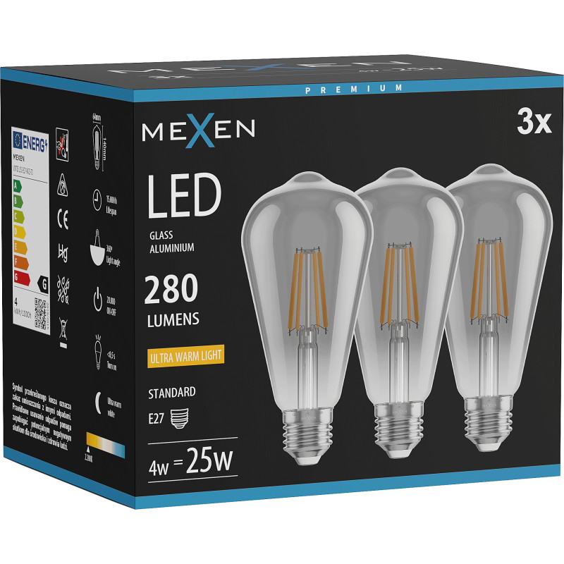 Mexen Vintis 3x Lampadina LED a filamento E27, ST64, 4W, Calda - 2200K, 300 lm, fumé - L152-E27-0422-70x03