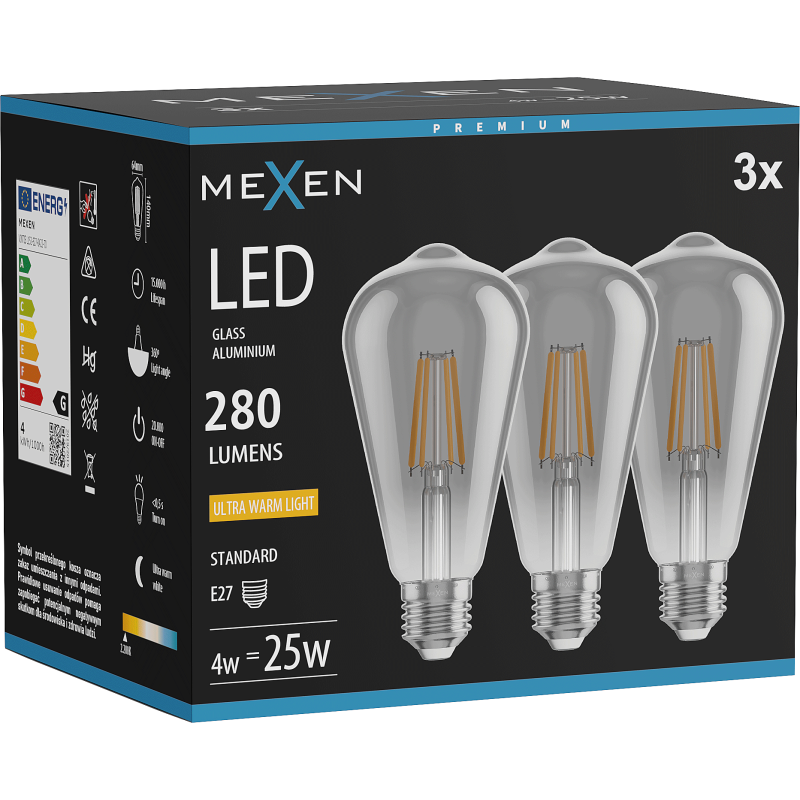 Mexen Vintis 3x żarówka filament LED E27, ST64, 4W, Ciepła - 2200K, 300 lm, smoke - L152-E27-0422-70x03