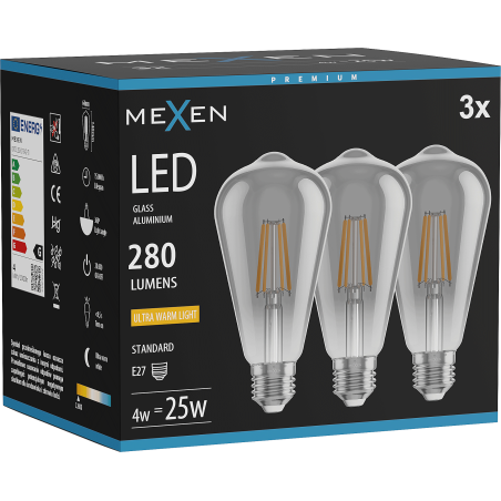 Mexen Vintis 3x żarówka filament LED E27, ST64, 4W, Ciepła - 2200K, 300 lm, smoke - L152-E27-0422-70x03