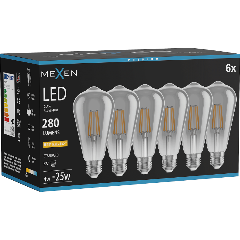 Mexen Vintis 6x Filamenta LED spuldze E27, ST64, 4W, Silti gaisma - 2200K, 300 lm, dūmu krāsā - L152-E27-0422-70x06