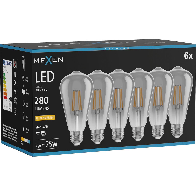 Mexen Vintis 6x żarówka filament LED E27, ST64, 4W, Ciepła - 2200K, 300 lm, smoke - L152-E27-0422-70x06