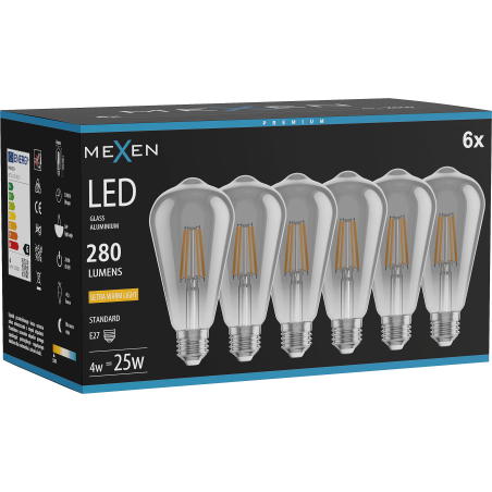 Mexen Vintis 6x Ampoule filament LED E27, ST64, 4W, Chaude - 2200K, 300 lm, fumée - L152-E27-0422-70x06