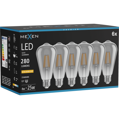 Mexen Vintis 6x LED filamentlampa E27, ST64, 4W, Varm - 2200K, 300 lm, rökfärgad - L152-E27-0422-70x06