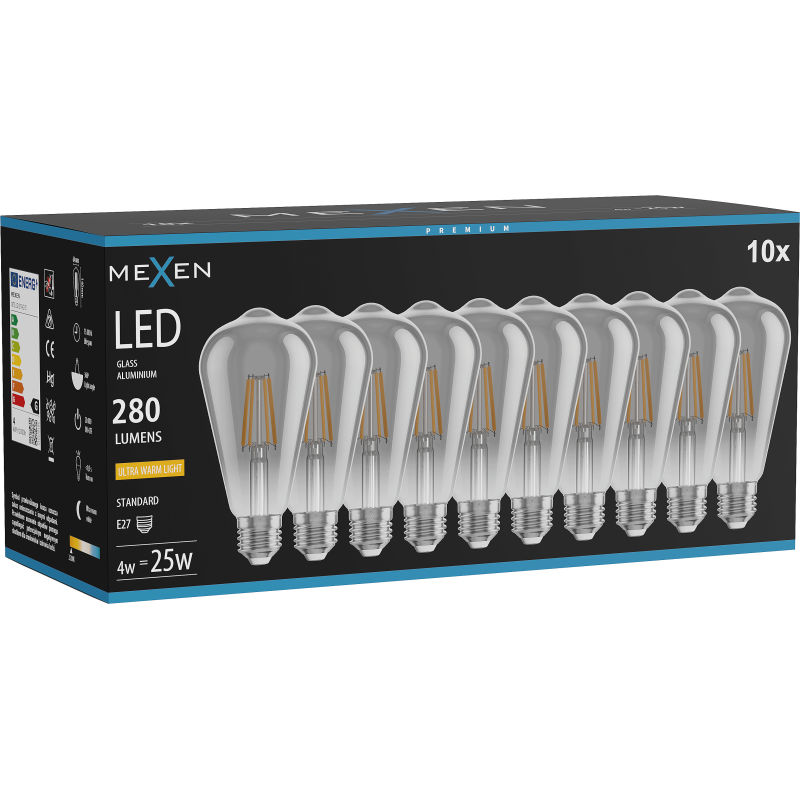 Mexen Vintis 10x Ampoule à filament LED E27, ST64, 4W, Chaude - 2200K, 300 lm, fumée - L152-E27-0422-70x10