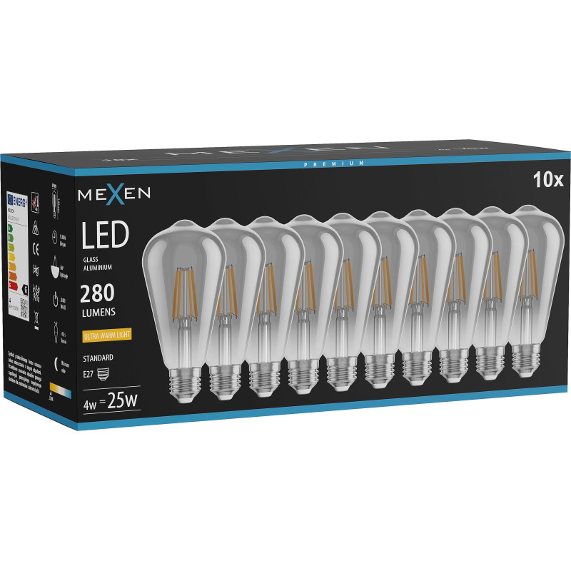 Mexen Vintis 10x Bombilla LED de filamento E27, ST64, 4W, Cálida - 2200K, 300 lm, humo - L152-E27-0422-70x10