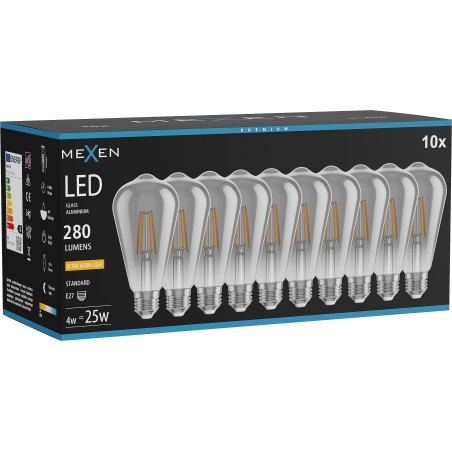 Mexen Vintis 10x LED filamentlampa E27, ST64, 4W, Varm - 2200K, 300 lm, rökfärgat glas - L152-E27-0422-70x10
