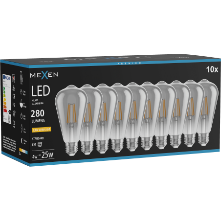 Mexen Vintis 10x žarnica filament LED E27, ST64, 4W, Topla - 2200K, 300 lm, dimljena - L152-E27-0422-70x10