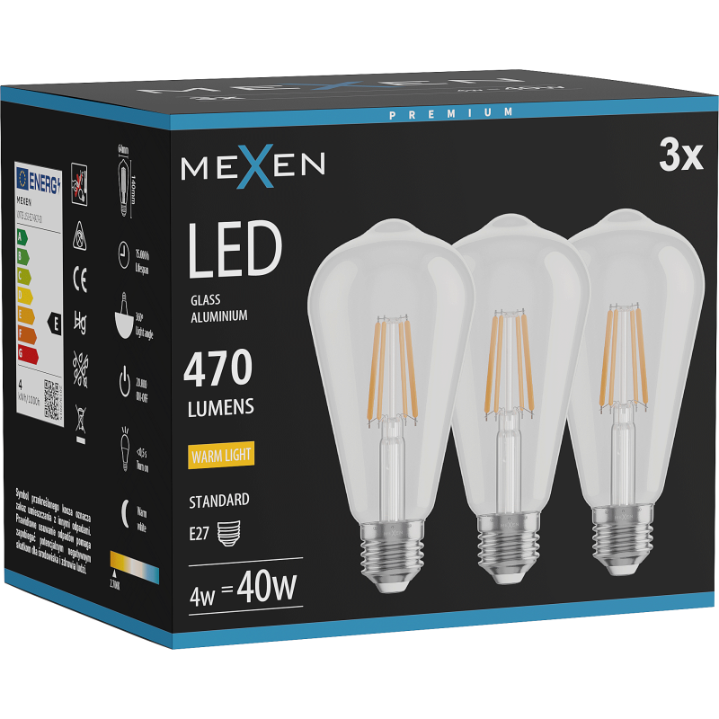 Mexen Vintis 3x Διάφανη λάμπα νήματος LED E27, ST64, 4W, Ζεστό - 2700K, 470 lm, clear