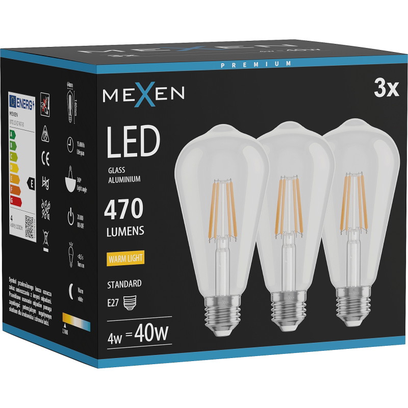 Mexen Vintis 3x LED žarulja filament E27, ST64, 4W, Topla - 2700K, 470 lm, prozirna - L152-E27-0427-00x03