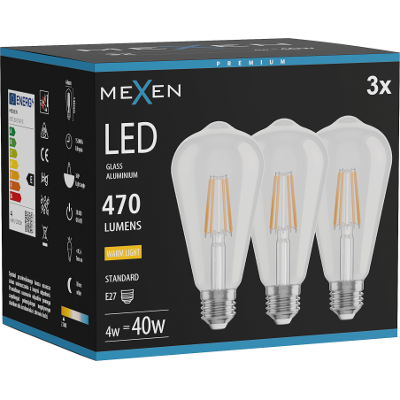 Mexen Vintis 3x Ampoule à filament LED E27, ST64, 4W, Chaude - 2700K, 470 lm, claire - L152-E27-0427-00x03