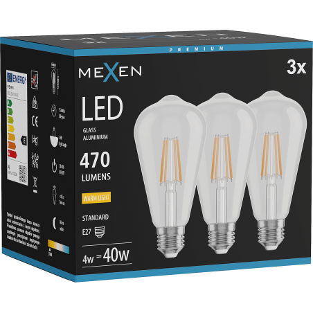 Mexen Vintis 3x Lampadina a filamento LED E27, ST64, 4W, Calda - 2700K, 470 lm, trasparente - L152-E27-0427-00x03