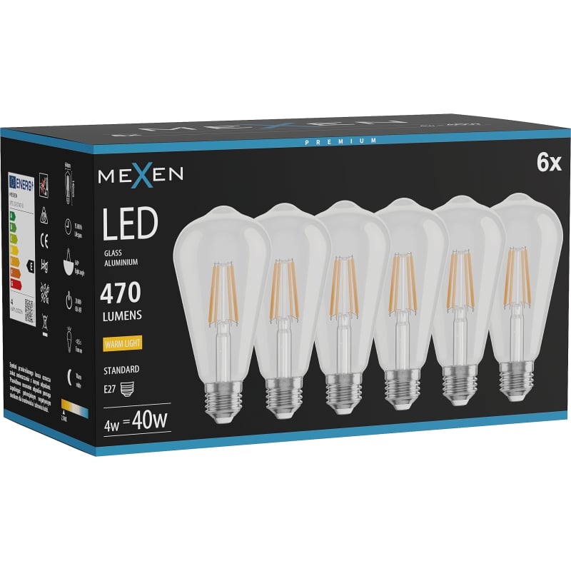 Mexen Vintis 6x LED-Filament-Glühbirne E27, ST64, 4W, Warm - 2700K, 470 lm, klar - L152-E27-0427-00x06