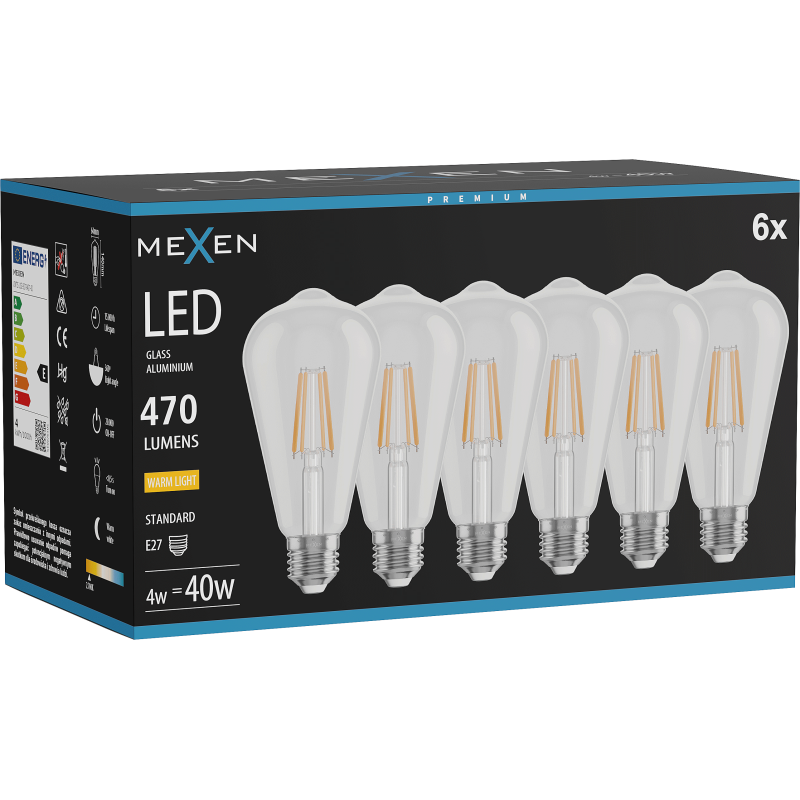 Mexen Vintis 6x LED žarnica filament E27, ST64, 4W, Topla - 2700K, 470 lm, prozorna - L152-E27-0427-00x06