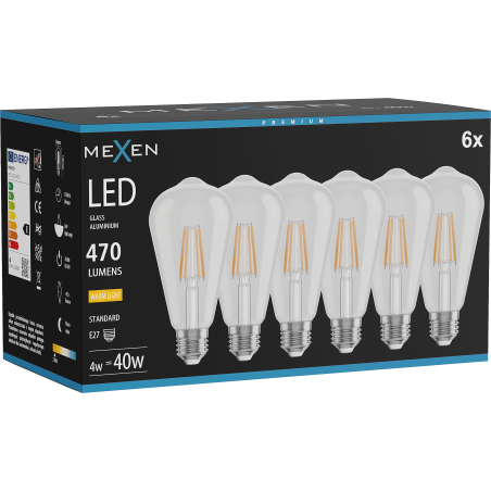 Mexen Vintis 6x LED-Filament-Glühbirne E27, ST64, 4W, Warm - 2700K, 470 lm, klar - L152-E27-0427-00x06