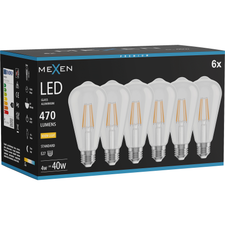 Mexen Vintis 6x LED žarnica filament E27, ST64, 4W, Topla - 2700K, 470 lm, prozorna - L152-E27-0427-00x06