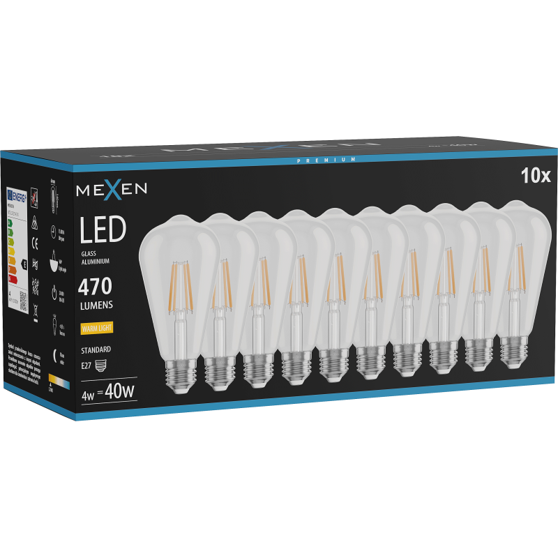 Mexen Vintis 10x Λάμπα νήματος LED E27, ST64, 4W, Θερμό - 2700K, 470 lm, διαφανές - L152-E27-0427-00x10