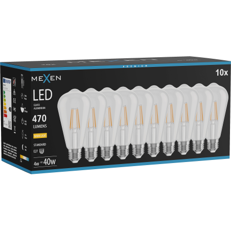 Mexen Vintis 10x kvēlspuldze LED E27, ST64, 4W, silta - 2700K, 470 lm, caurspīdīga - L152-E27-0427-00x10