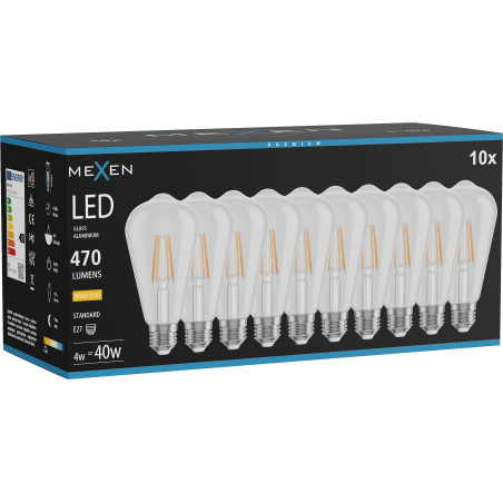 Mexen Vintis 10x LED-Filament-Glühbirne E27, ST64, 4W, Warm - 2700K, 470 lm, klar - L152-E27-0427-00x10