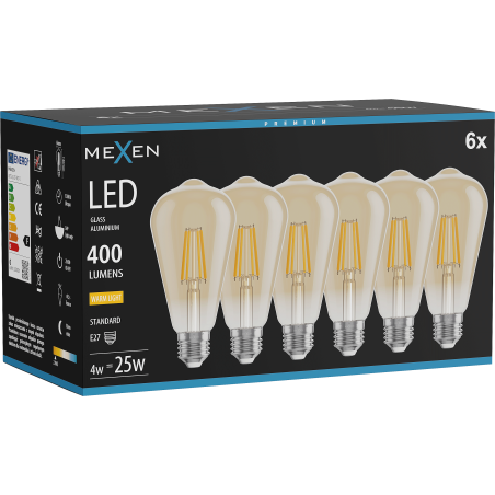Mexen Vintis 6x Lampadina a filamento LED E27, ST64, 4W, Calda - 2700K, 400 lm, ambra - L152-E27-0427-50x06