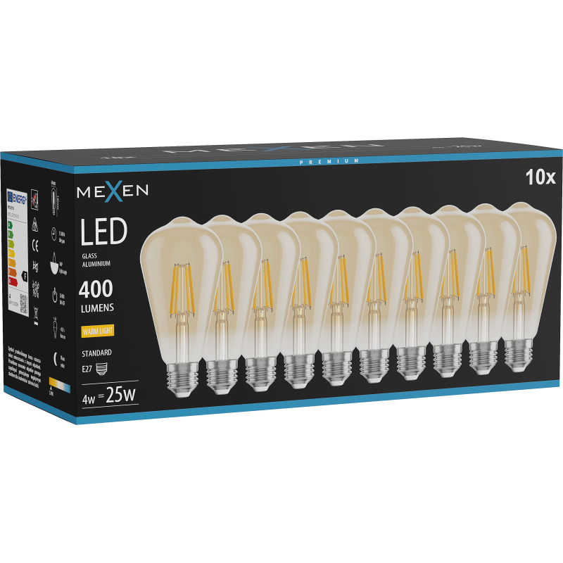 Mexen Vintis 10x kvēlspuldze LED E27, ST64, 4W, Silta - 2700K, 400 lm, dzintara - L152-E27-0427-50x10