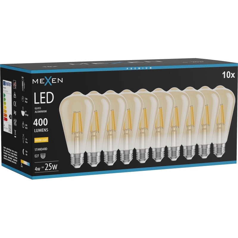 Mexen Vintis 10x LED filamentlampa E27, ST64, 4W, Varm - 2700K, 400 lm, bärnsten - L152-E27-0427-50x10