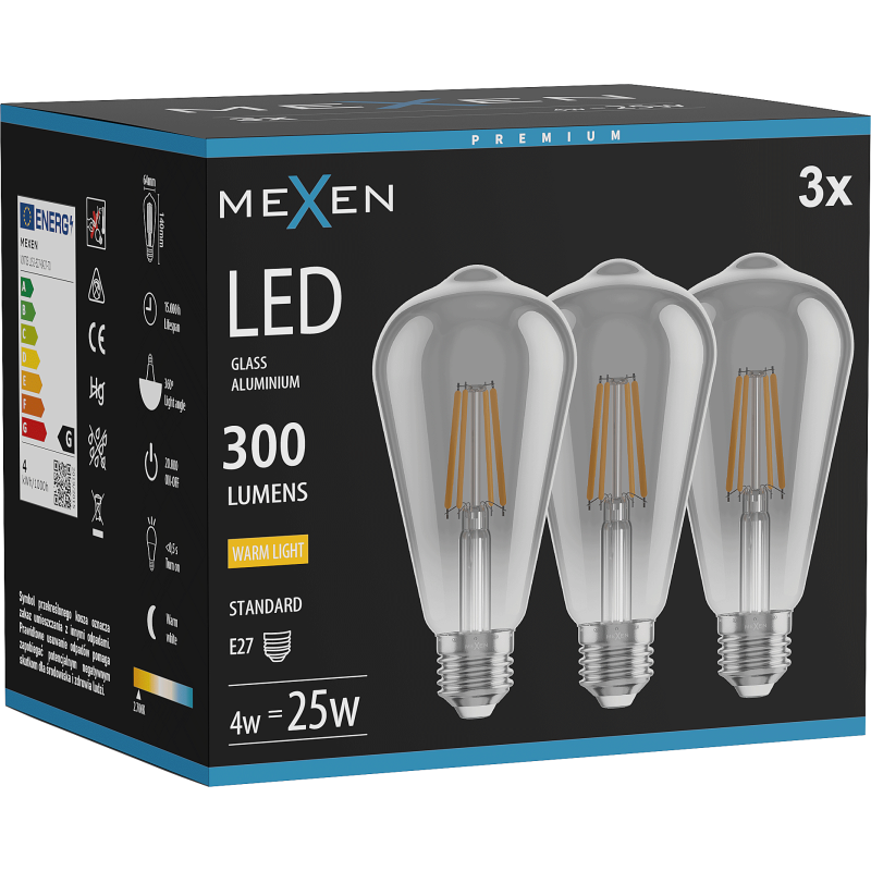 Mexen Vintis 3x żarówka filament LED E27, ST64, 4W, Ciepła - 2700K,  300 lm, smoke - L152-E27-0427-70x03