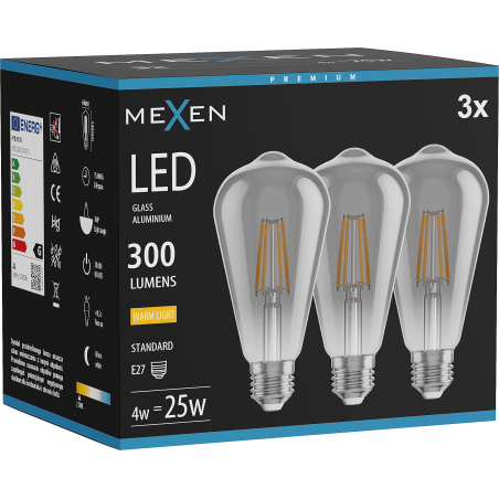 Mexen Vintis 3x Lampadina a filamento LED E27, ST64, 4W, Calda - 2700K, 300 lm, fumo - L152-E27-0427-70x03