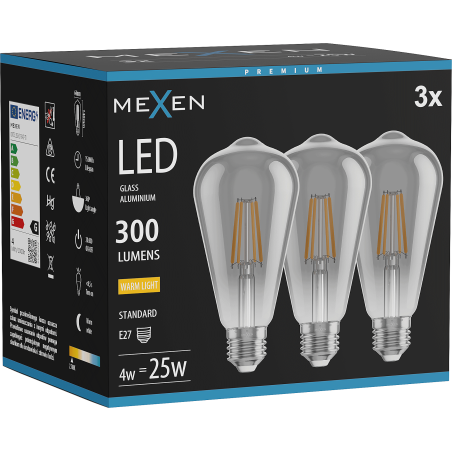 Mexen Vintis 3x LED žarnica z nitko E27, ST64, 4W, Topla - 2700K, 300 lm, dimna - L152-E27-0427-70x03