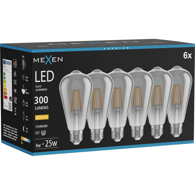 Mexen Vintis 6x Lampadina a filamento LED E27, ST64, 4W, Calda - 2700K, 300 lm, smoke - L152-E27-0427-70x06