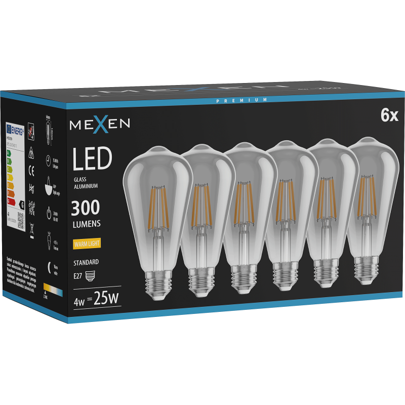Mexen Vintis 6x LED filamentna žarnica E27, ST64, 4W, Topla - 2700K, 300 lm, dima - L152-E27-0427-70x06