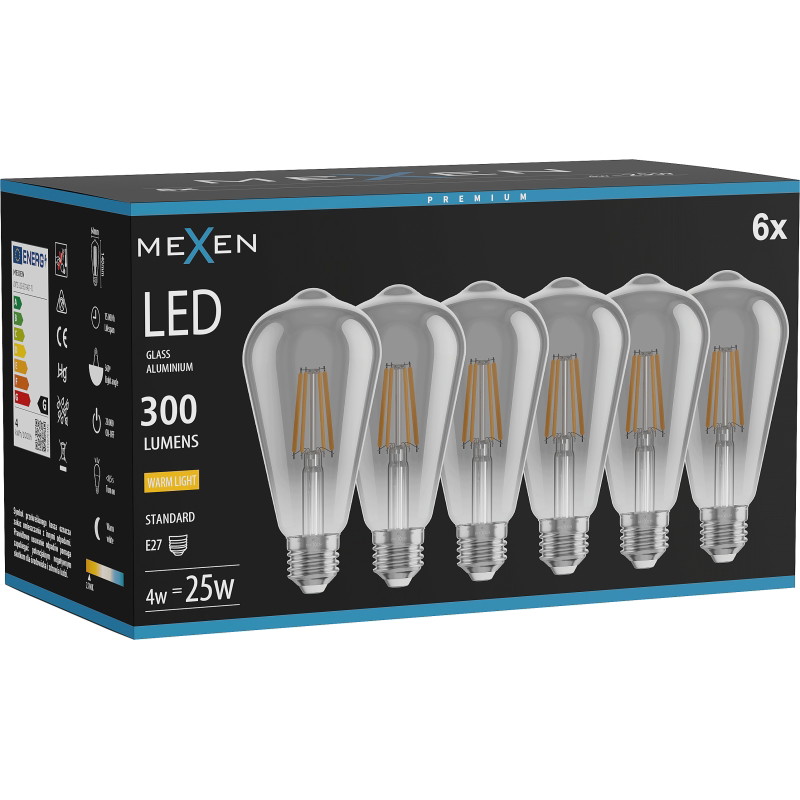Mexen Vintis 6x LED-filamenttilamppu E27, ST64, 4W, Lämmin - 2700K, 300 lm, savunharmaa - L152-E27-0427-70x06
